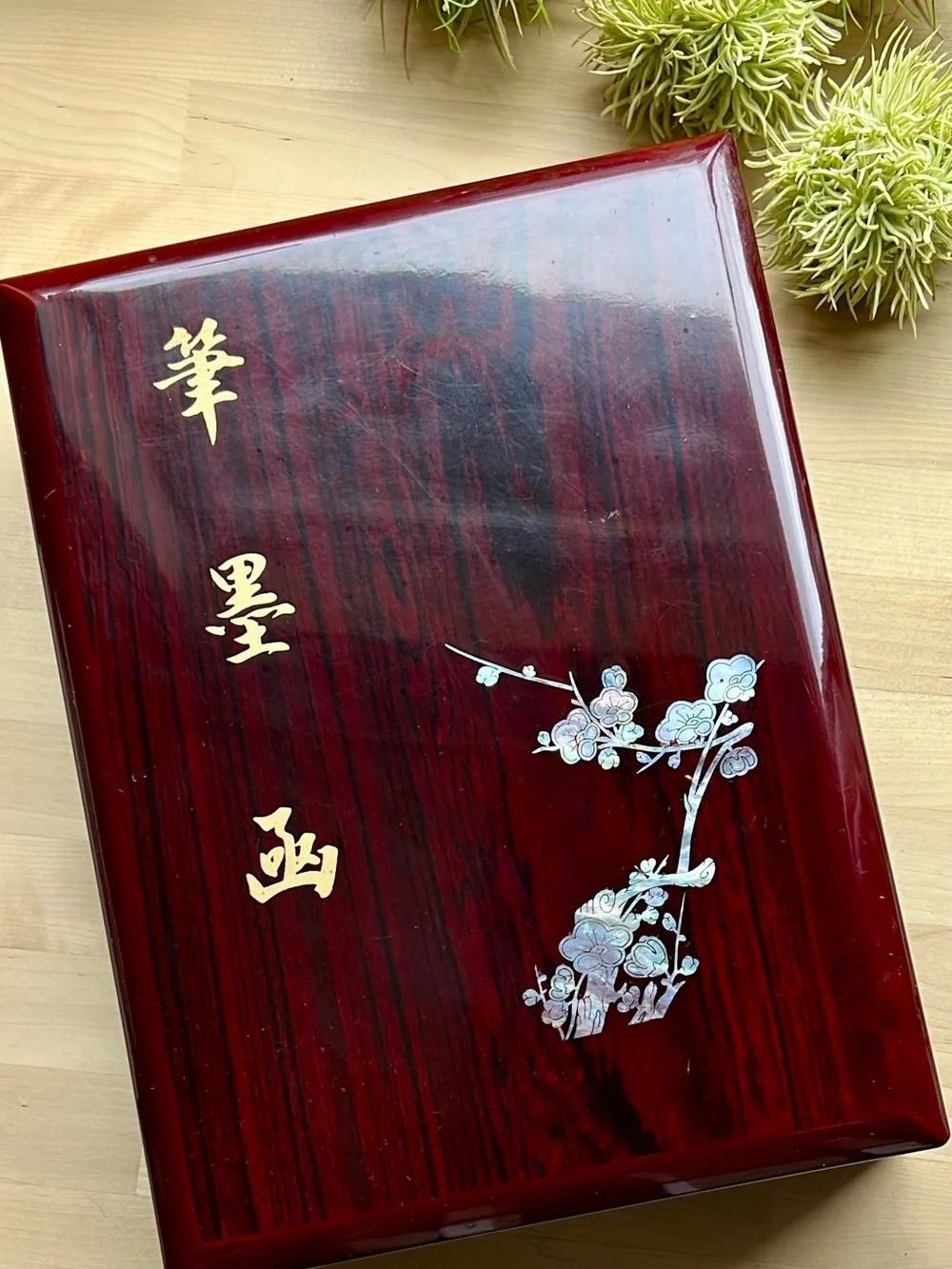 Calligraphy Mother of Pearl Floral Texture Pattern Wooden Box Container Case